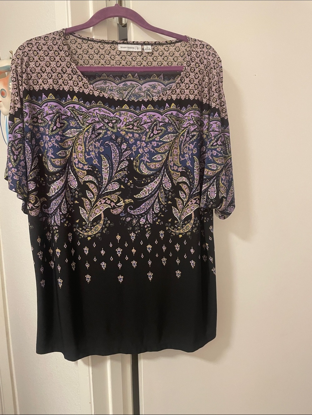 Susan Graver Black Tunic with Purple Paisley Border